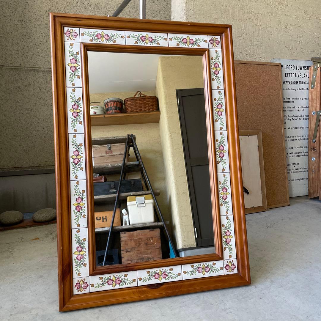 ヴィンテージ タイル張り ウッドミラー 壁掛け 鏡 姿見 パイン材 バレンシア ミラー 鏡 スタンドミラー 全身 姿見 パイン パイン材 木製