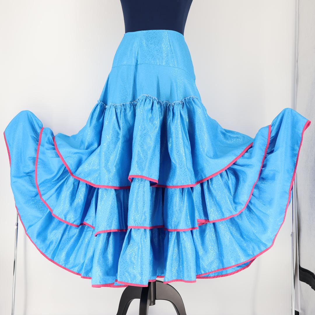 美品 フラメンコ衣装】水色 ファルダ スカート ボランテ フリル ブルー