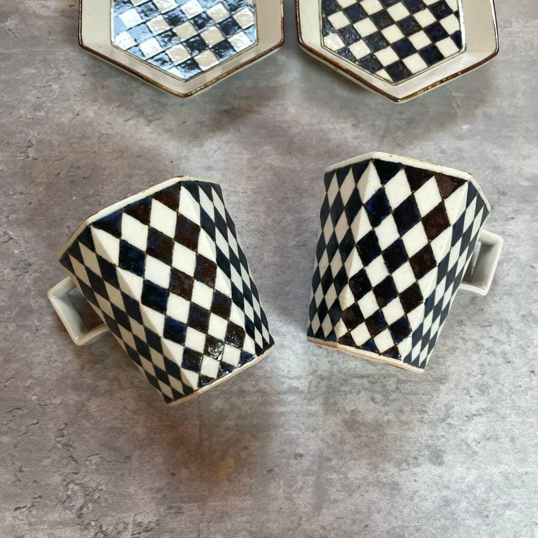未使用 高島大樹さん 六角 市松 カップ ソーサー 小皿 二客 チェック