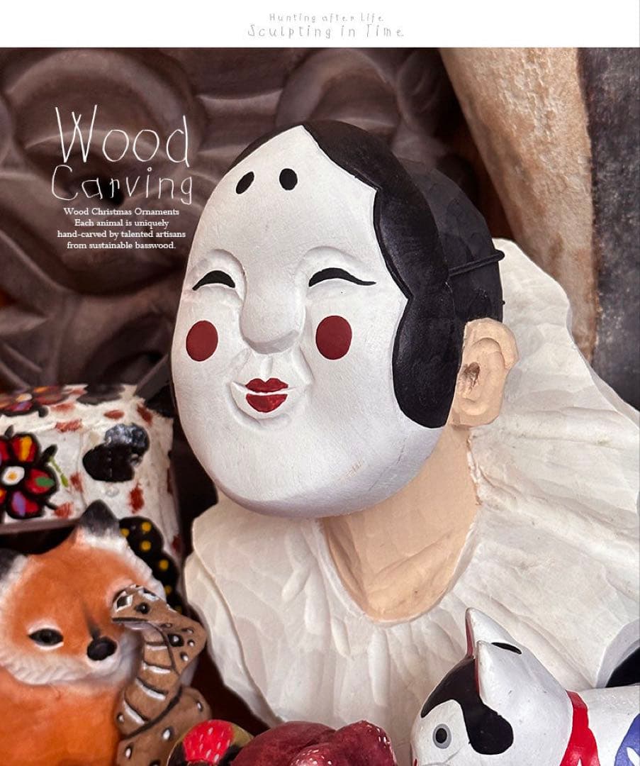 手作り木彫り お多福のお面 高8cm×長6cm 椴材無垢 手彩色 おもちゃ装着