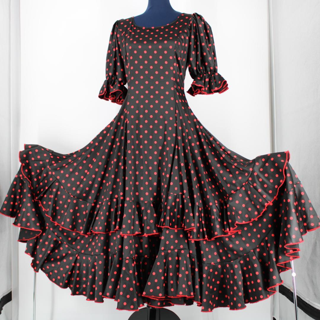 美品 フラメンコ衣装】ブラック ワンピース ドレス レッド ドット 水玉