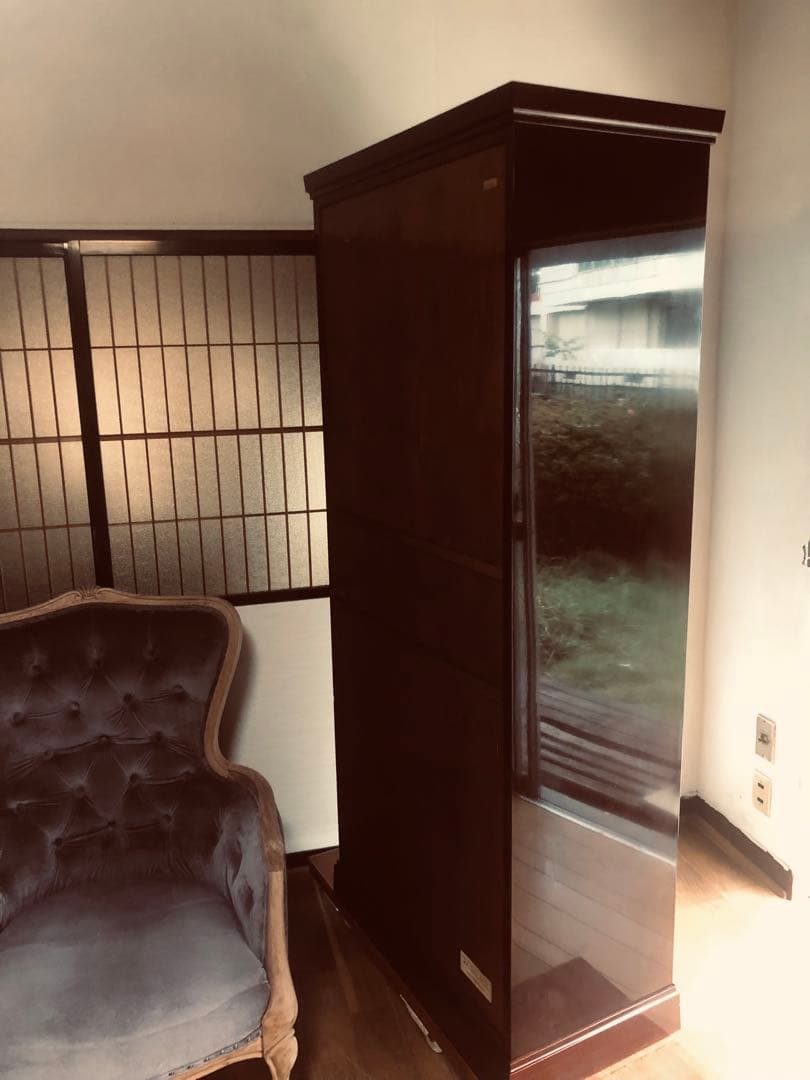 希少品 YAMAHA 昭和モダンキャビネット 蒔絵風意匠・ガラス戸 木製収納