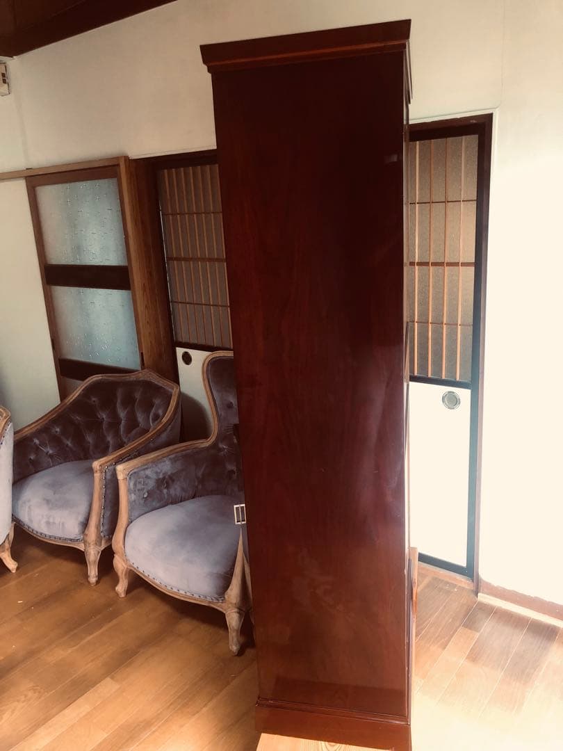 希少品 YAMAHA 昭和モダンキャビネット 蒔絵風意匠・ガラス戸 木製収納