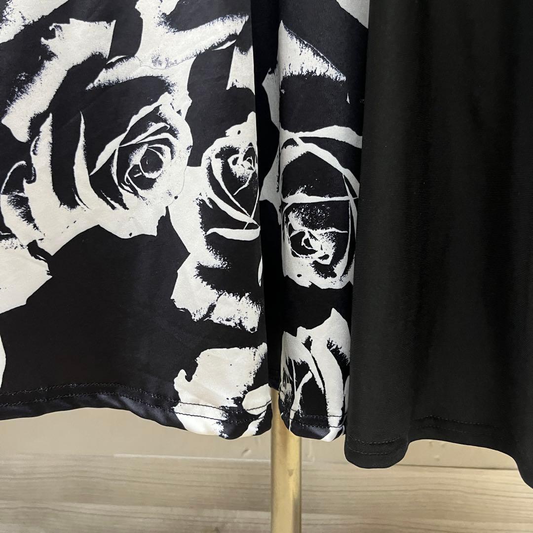 新品 社交ダンス ワンピース ブラック バラ柄 プリント サイズML