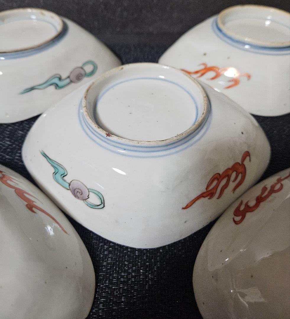 上作古伊万里❗】江戸時代末　古伊万里　錦手　菊花に波文　菱形皿5客　16.8cm