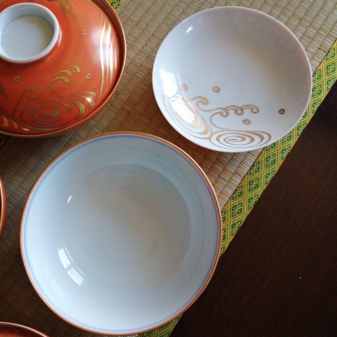 美濃焼　幸兵衛窯　朱赤波鳥煮物碗　5客　16.1cm