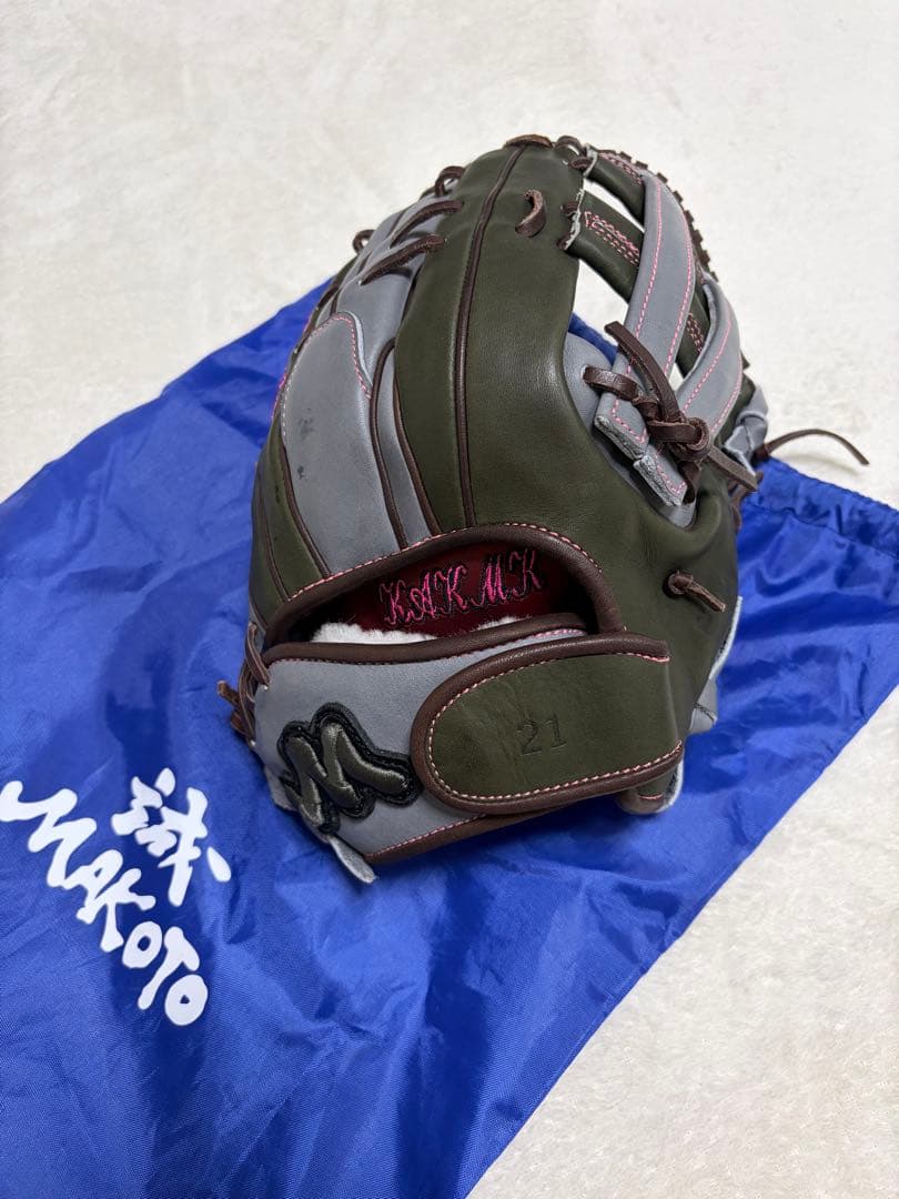 MAKOTO 軟式グローブ ダークグリーン/グレー 軟式用エンジニアードスタイル【外野手用／サイズ14】|1AJGR32507