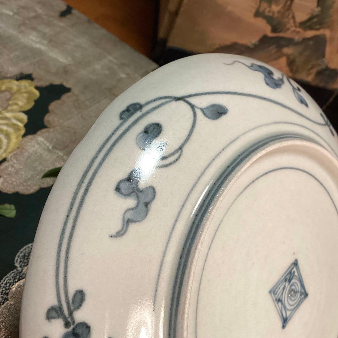 A891 古伊万里 柿右衛門 染付 「近江八景図」 輪花型 6寸皿 1枚