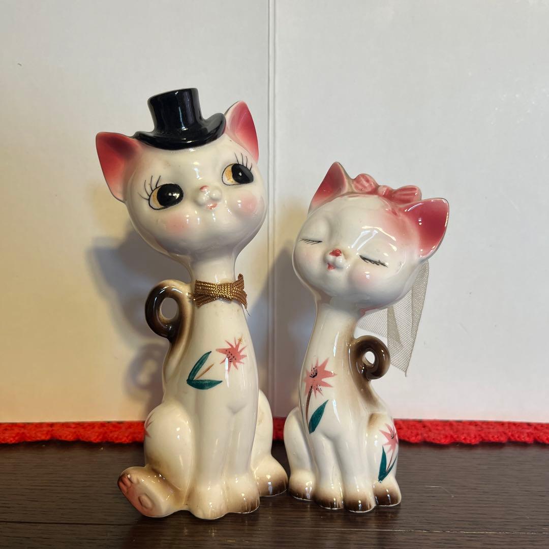 値下げ⭕️昭和レトロ 可愛い猫のペア置物 陶器製 - メルカリ