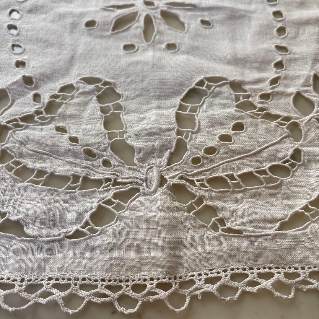 フランス アンティーク 棚飾り布 レース生地 リネン 手刺繍