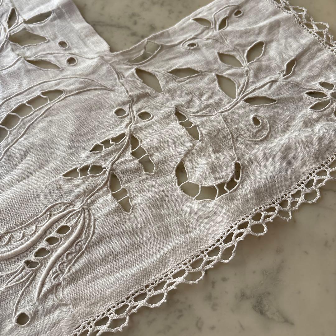 フランス アンティーク 棚飾り布 レース生地 リネン 手刺繍