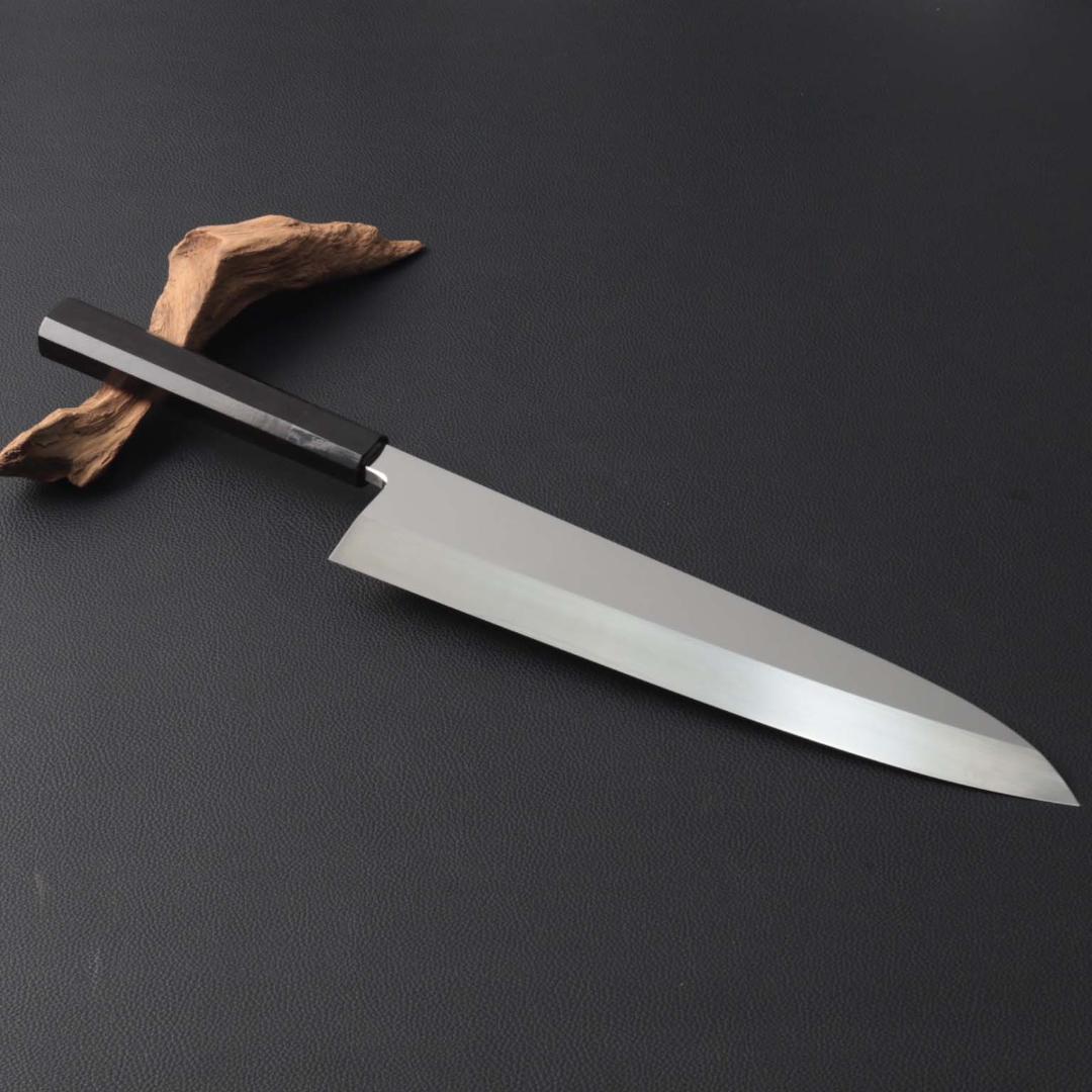 10583 究極の出刃包丁 尺 鏡面仕上げ 刺身包丁 黒檀黒水牛角八角柄