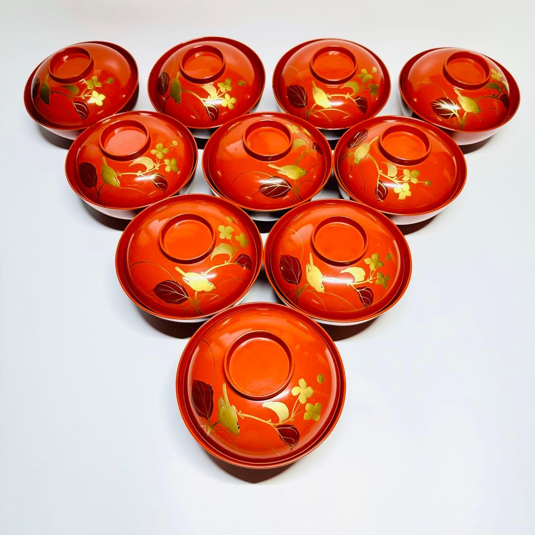漆器 輪島塗 金蒔絵 鳥花絵 木製 朱 蓋付椀 お煮物椀 吸物椀 10客 骨董
