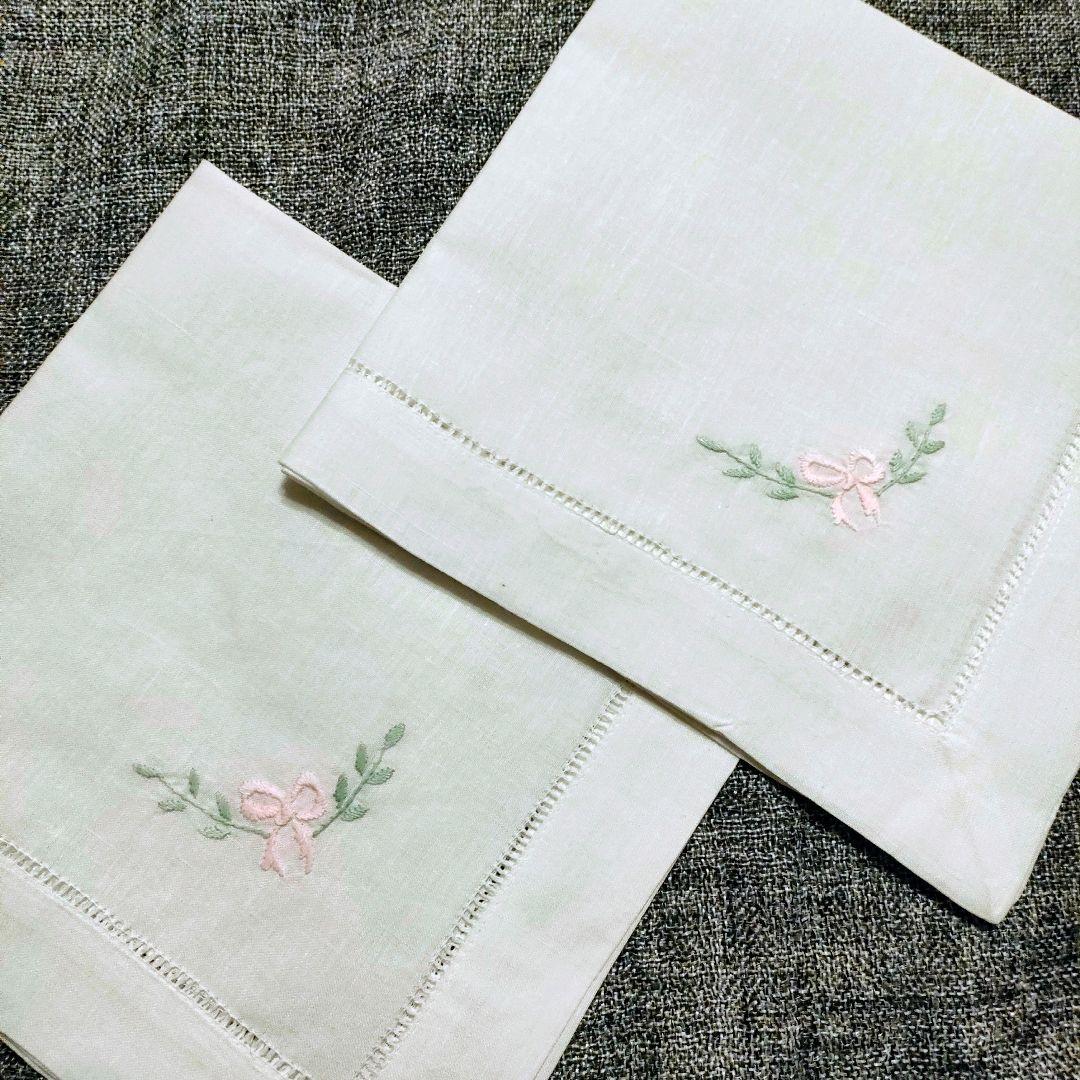 ♥新品 正方形 リネン キッチンクロス ランチクロス 刺繍 リボン 2枚