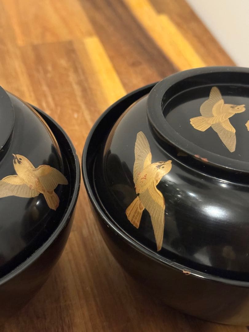 レアな超絶技法　大名本杢漆器　輪島塗　雀椀　見返り麦　2脚のペア　未使用品経年傷