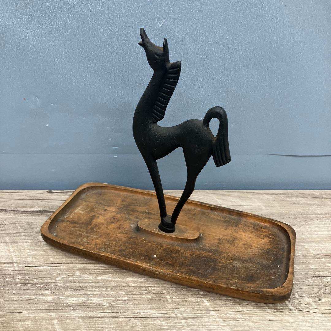 3F【ミッドセンチュリー モダン 馬 オブジェ アイアン×ウッド 台座付き