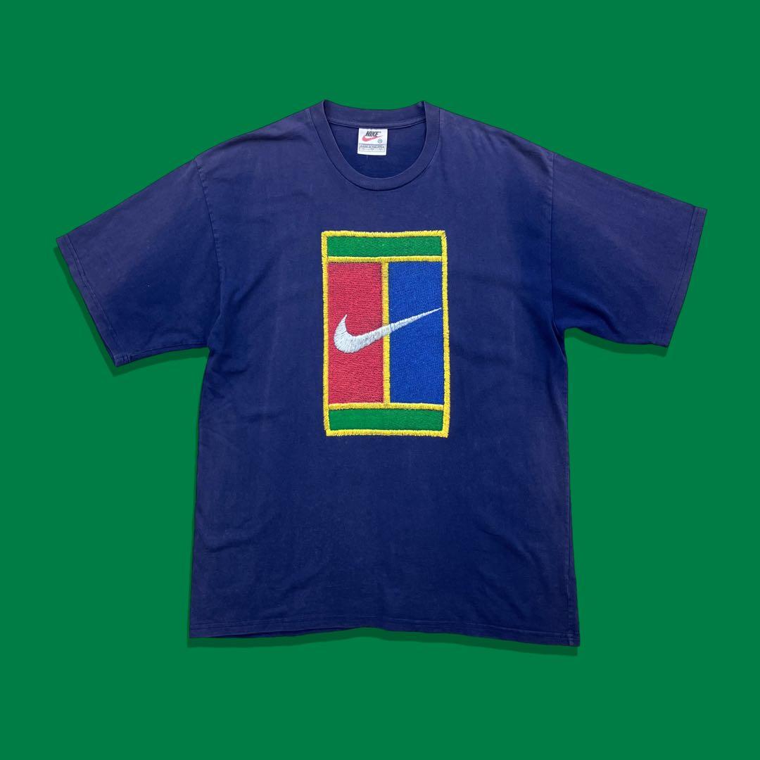 90s NIKE ナイキ 白タグ ヴィンテージTシャツ テニスロゴ ネイビー
