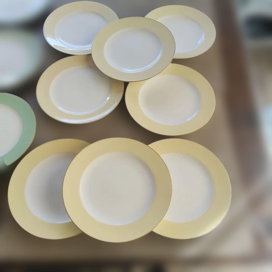 大倉陶園　色蒔き　クリーム　ライトグリーン　合計16枚　19.8cm