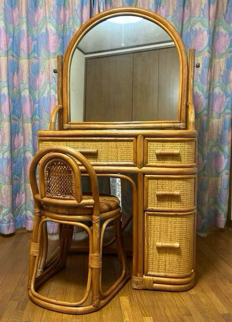 ラタン／籐／ドレッサー／鏡台／ビンテージ 椅子はつきません 今枝商店 籐 ドレッサー 円型スツール付き 幅45cm （ ラタン スリム