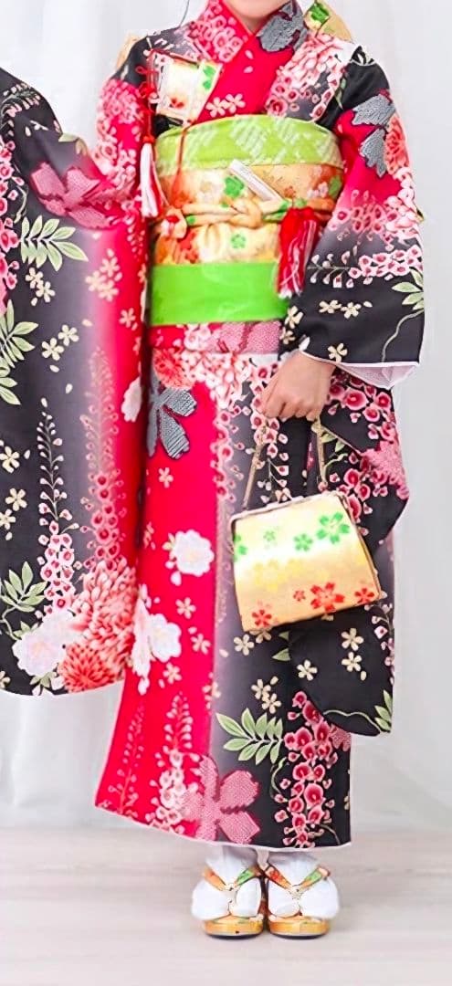 【7歳】七五三 着物 赤黒花柄 金色バッグ・髪飾り付き 楽天市場】七五三 髪飾り 勝山かんざし ちんころ付き4点セット「ピンク
