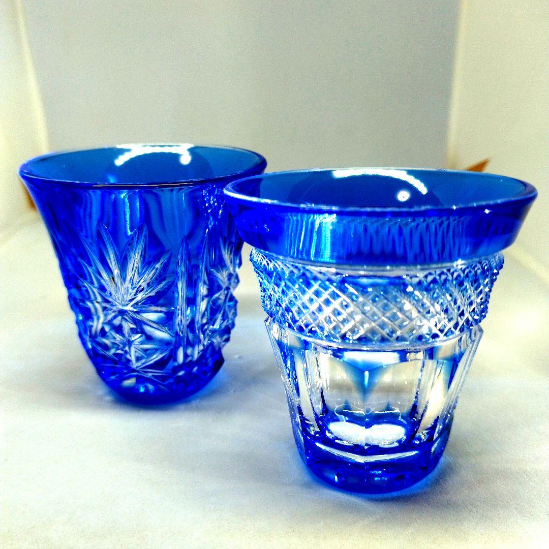 新品薩摩切子青色被せガラスクリスタルカット冷酒グラスショットグラス
