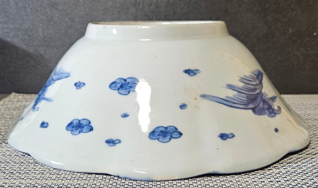 江戸時代後期　古伊万里　染付　鶴に小鳥に 松竹の図　27.8cm　大鉢　盛り器