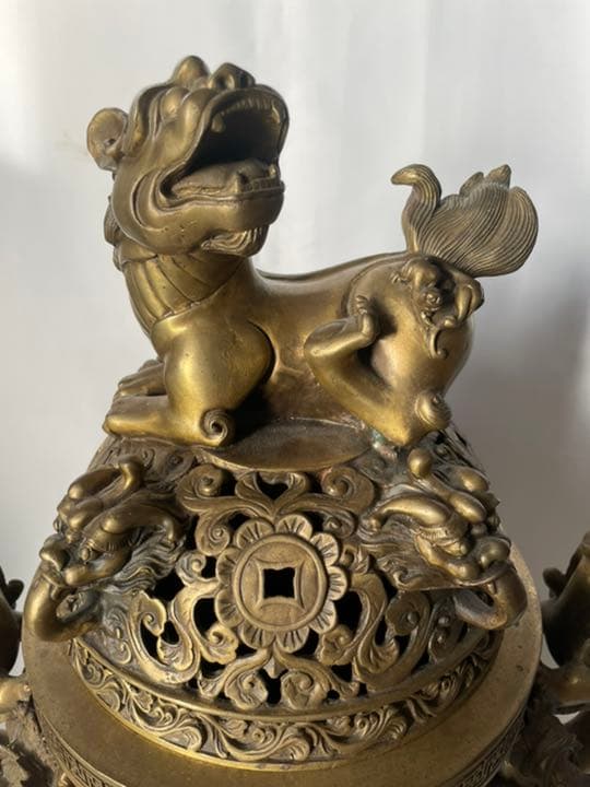 真鍮製 超特大 香炉 高級黄銅製香炉 銘有り 獅子 龍 縁起物 14.70Kg