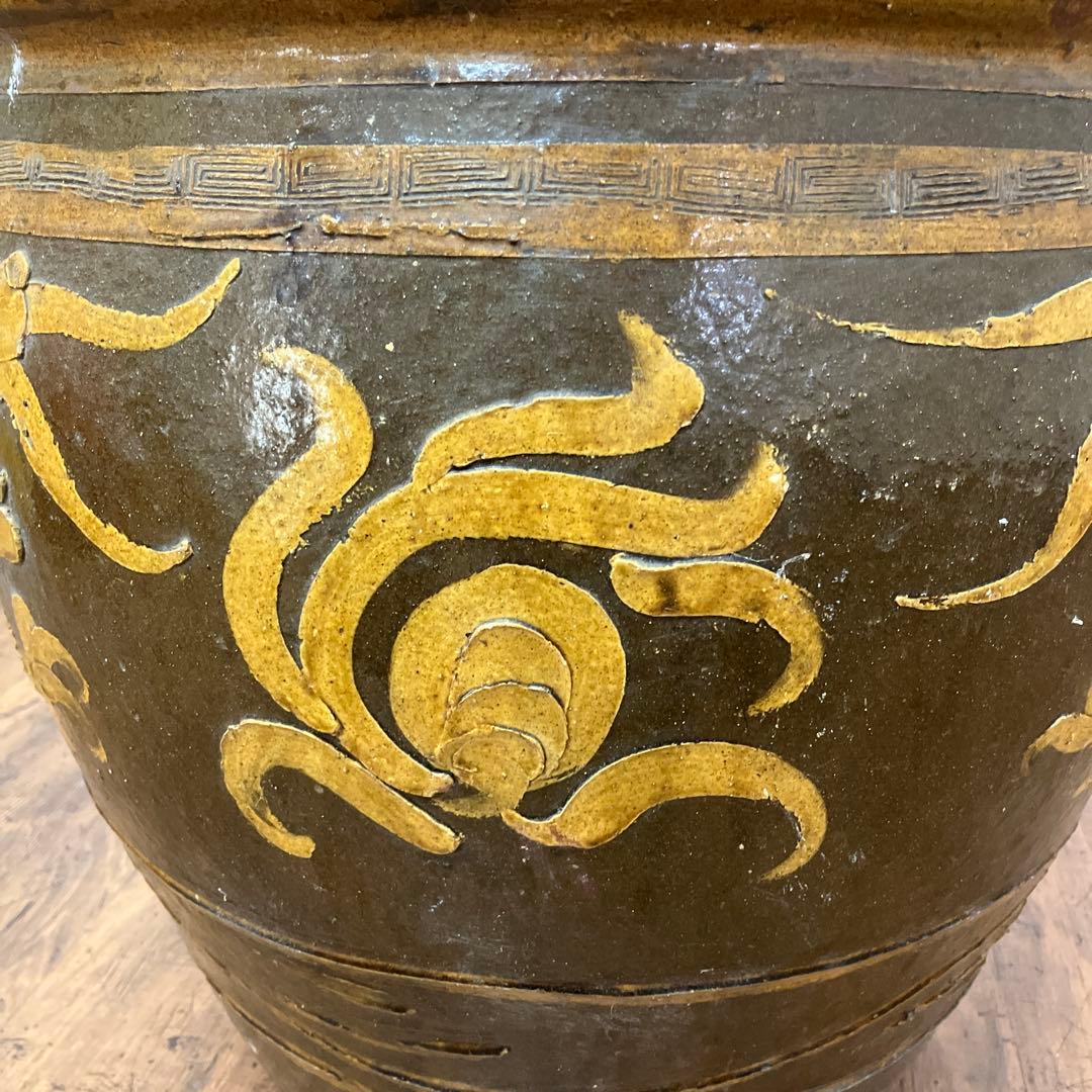C-壁 昭和レトロ 龍模様 火鉢 陶器製 アンティーク 壺 甕 龍彫り 古