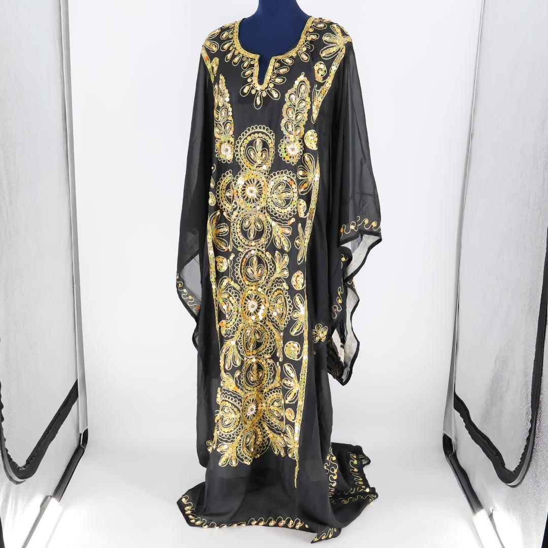 ベリーダンス用衣装】ブラック×ゴールド ガラベーヤ ワンピースドレス