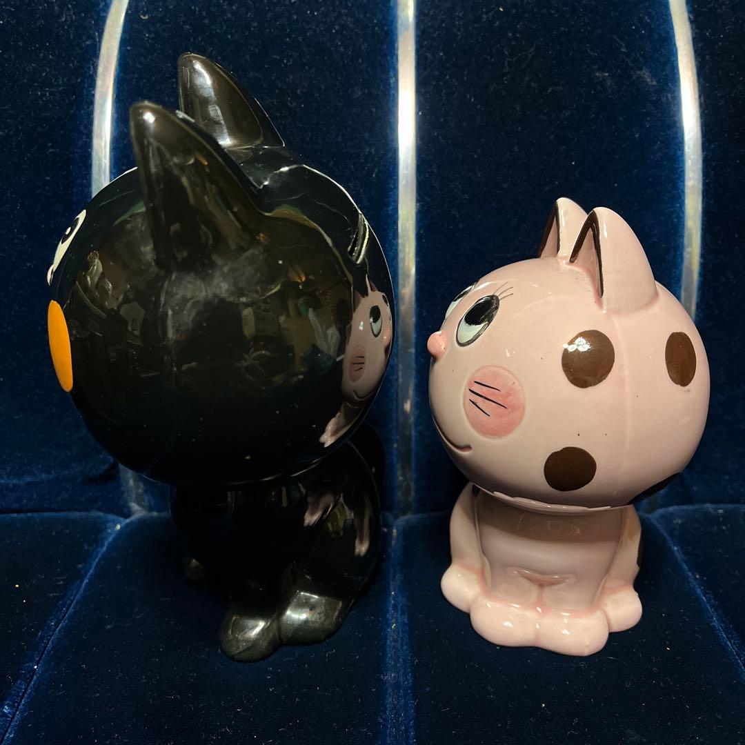 昭和レトロ 内藤ルネ 猫 貯金箱 陶器製 2体 ネコ 当時物 ファンシー