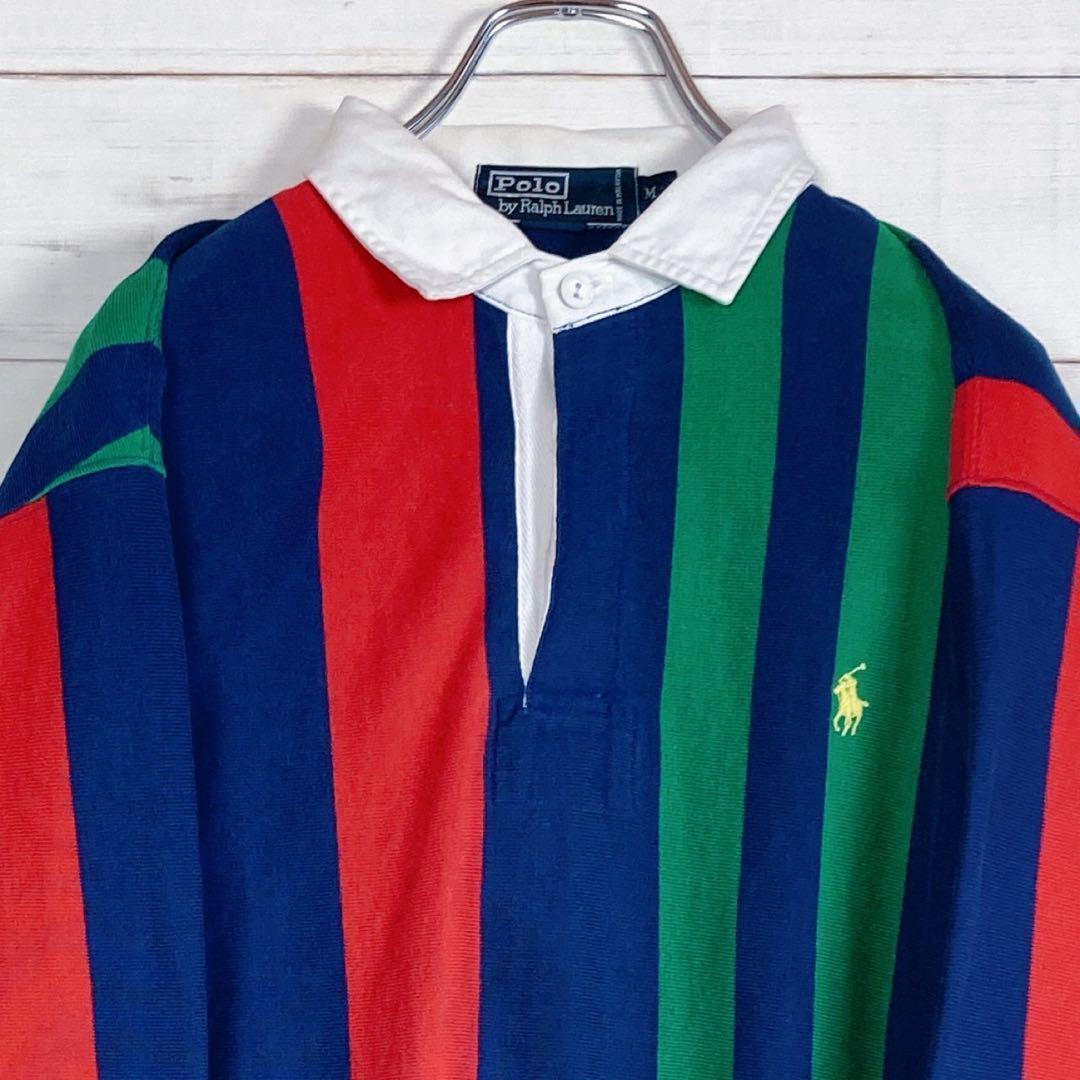 《美品》ポロバイラルフローレン☆M☆ラガーシャツ☆刺繍☆マルチストライプ☆M