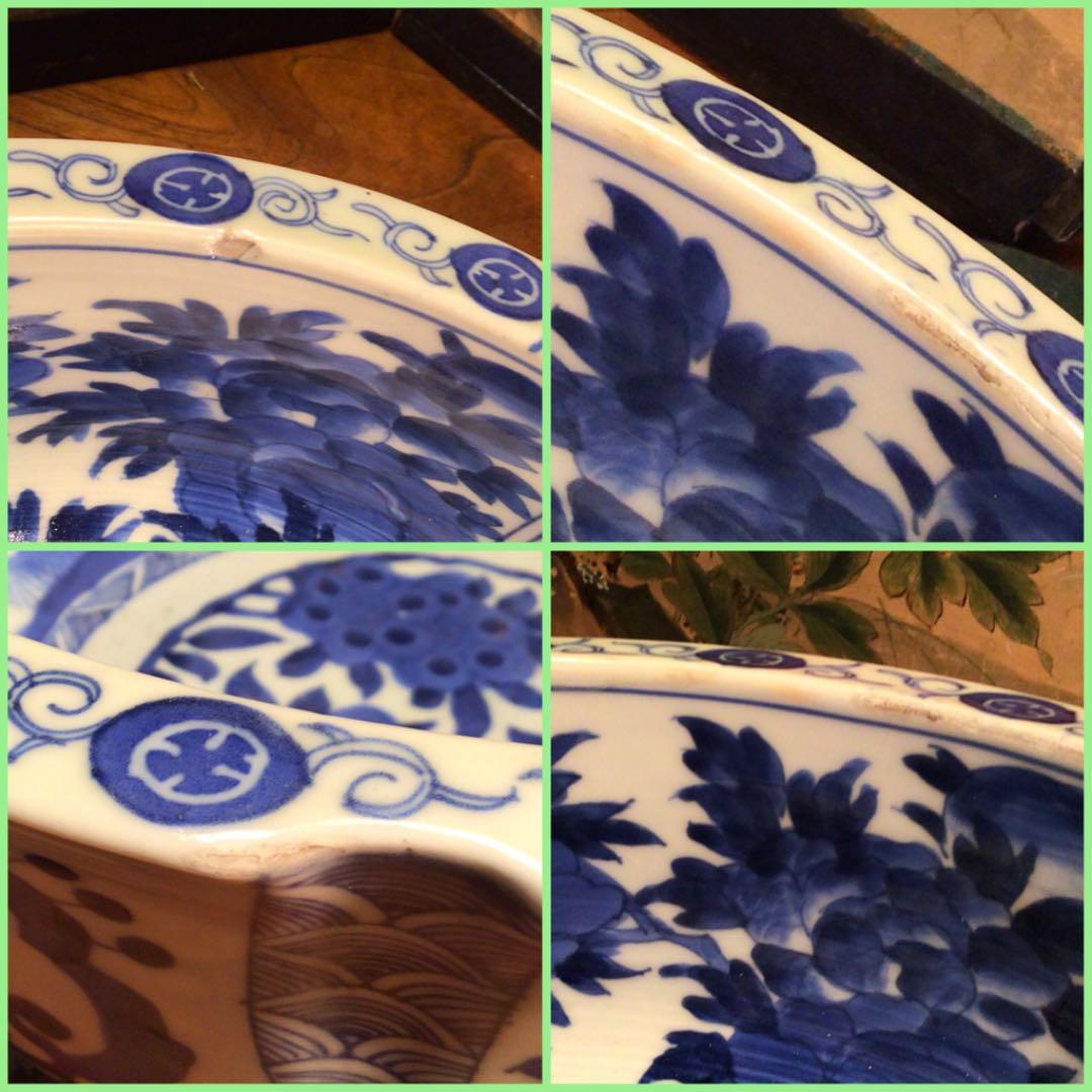 A554 古伊万里 染付 牡丹に山茶花紋様 輪花型 大鉢 1客