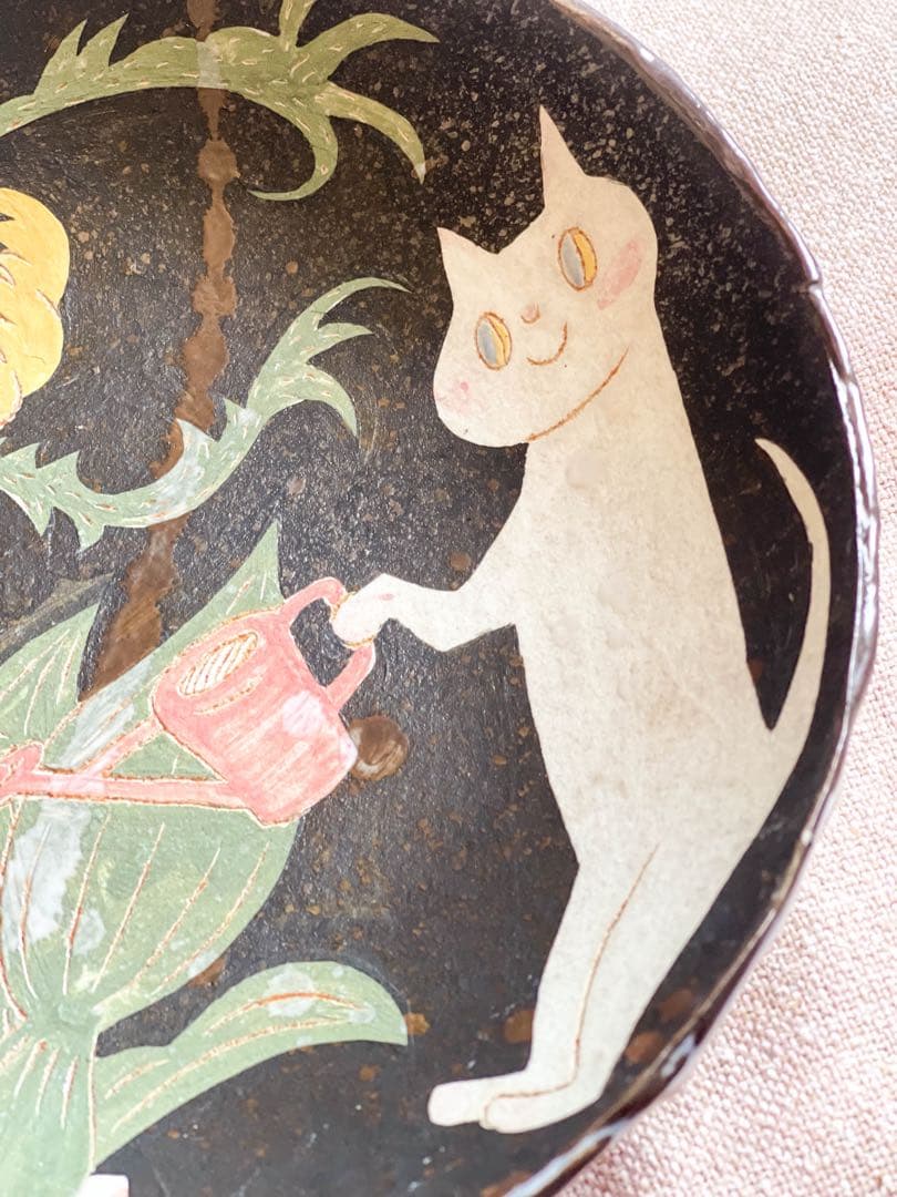 鹿児島睦 猫と花植物 皿 プレートボウル 約19.5cm ノワール プレート（ジョン ジュリアン×鹿児島睦） フリーデザイン