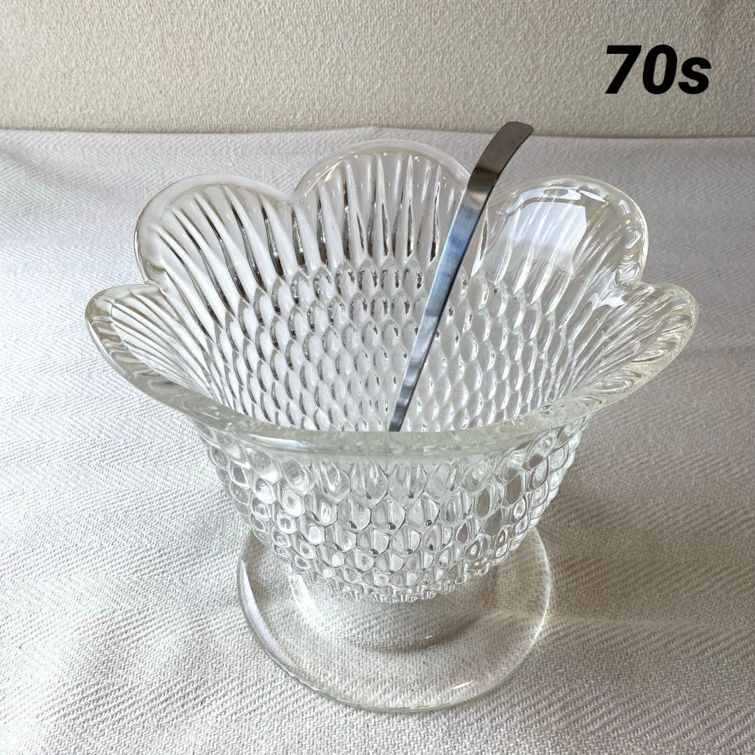 ①70年代 フルーツポンチ クリアプレスガラス 器 大型 花型 お玉付 レシピ付き 昭和レトロなフルーツポンチセット パーティーパンチボール