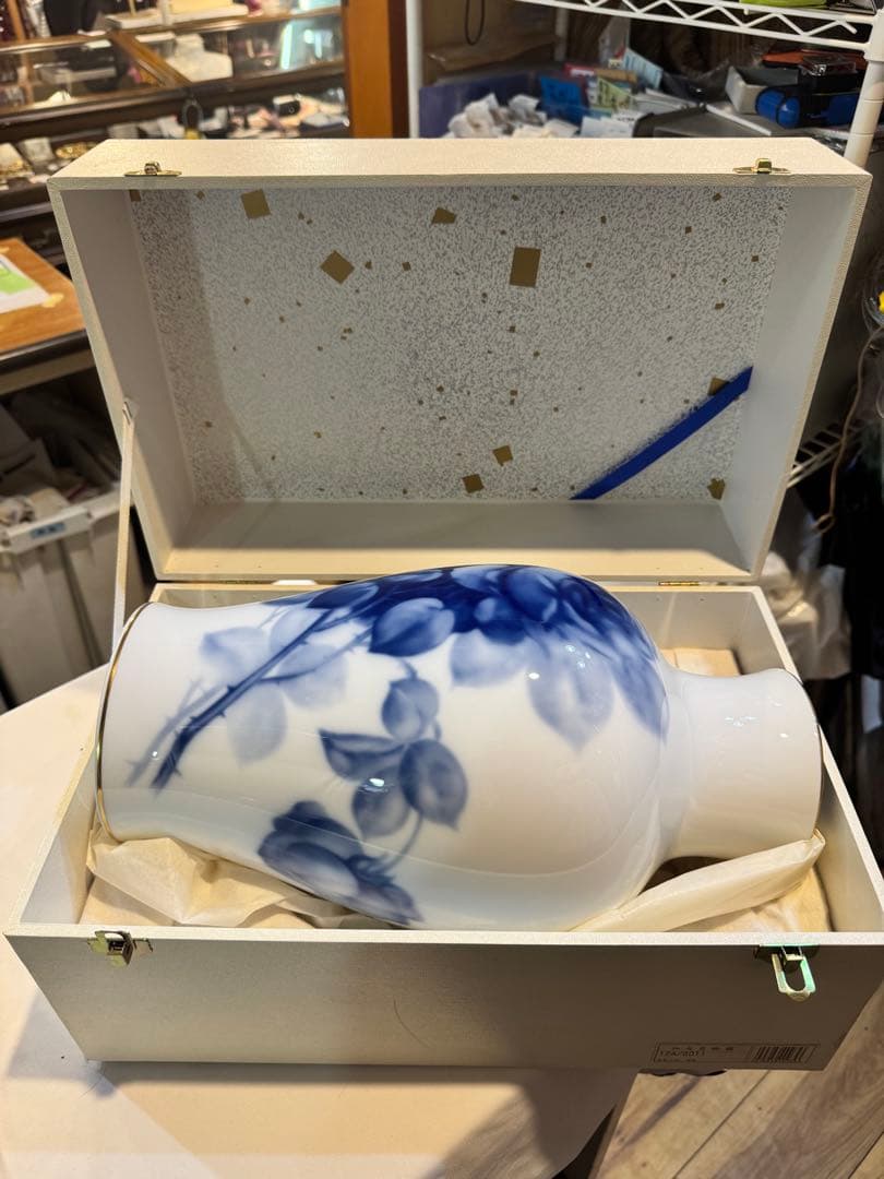 590＊大倉陶園　ブルーローズ　大花瓶　35.5cm　フラワーベース　陶磁器