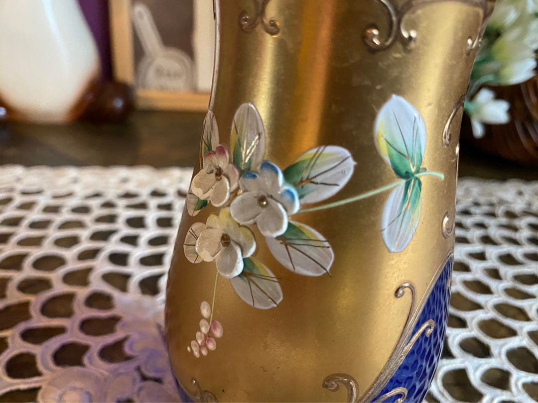 ボヘミアンガラス 金彩 フラワーベース 花瓶 インテリア アンティーク