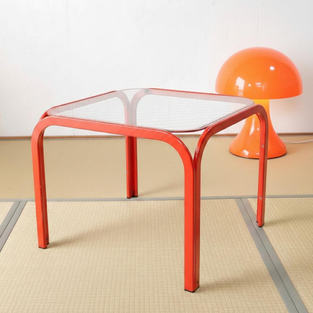 昭和レトロ かわいい テーブル 赤 強化ガラス 幅48cm ミッド