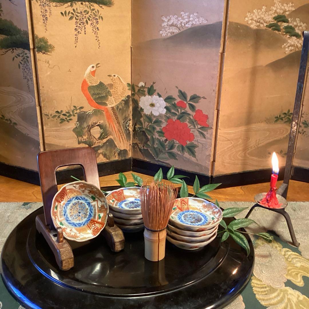 A1033 古伊万里 金襴手 梅に松 宝尽紋様 豆皿 ちびちび 5枚