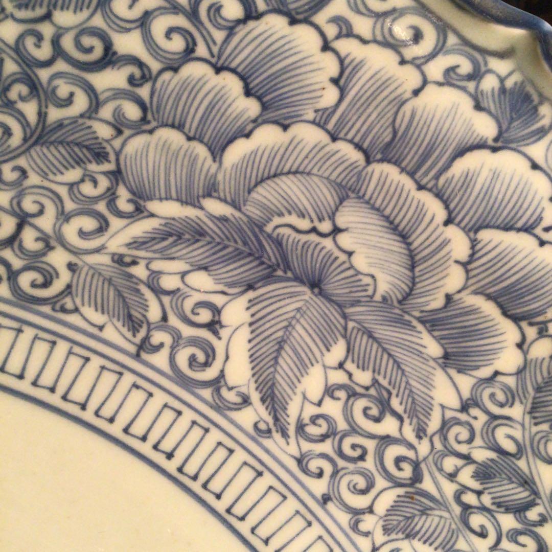 A865 古伊万里 染付 幕末線描 牡丹に柘榴紋様（1尺5寸）大皿 1枚