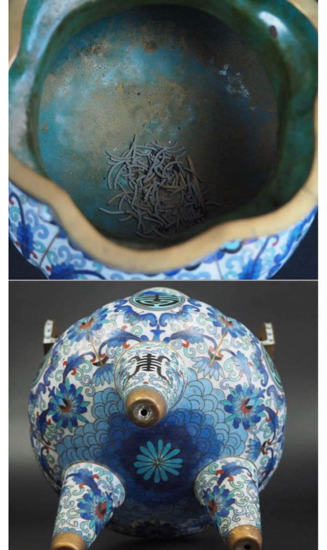 送料無料 時代唐物 龍鳳摘み大型七宝香炉 台付き高36cm 中国古玩