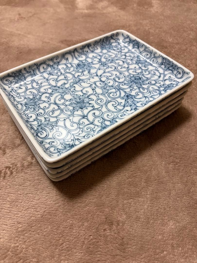 橘吉 志笑す恵 染付蛸唐草 和皿揃 5枚セット 長角皿 中皿 盛皿和食器