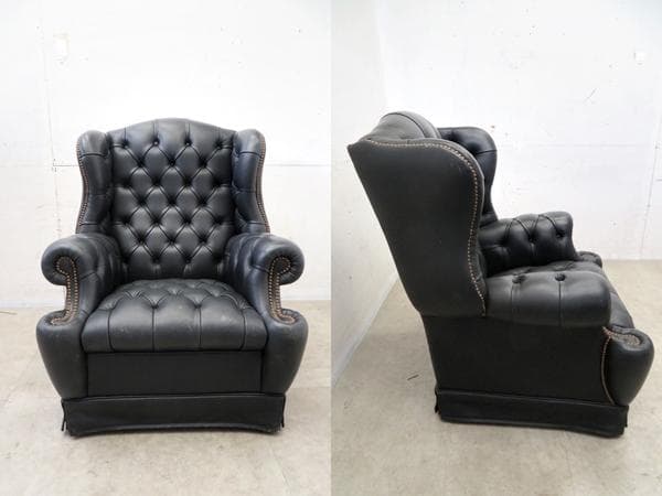 英国伝統□チェスターフィールド□黒総革□ウィングバック□1人掛け