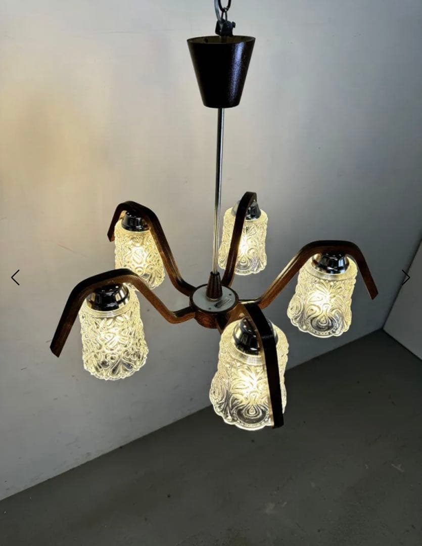 1960's DŘEVO v.d.Humpolec社製ヴィンテージ シャンデリア VEB NARVA Leuchtenbau Lengefeld 5灯ガラスシャンデリア 1960's