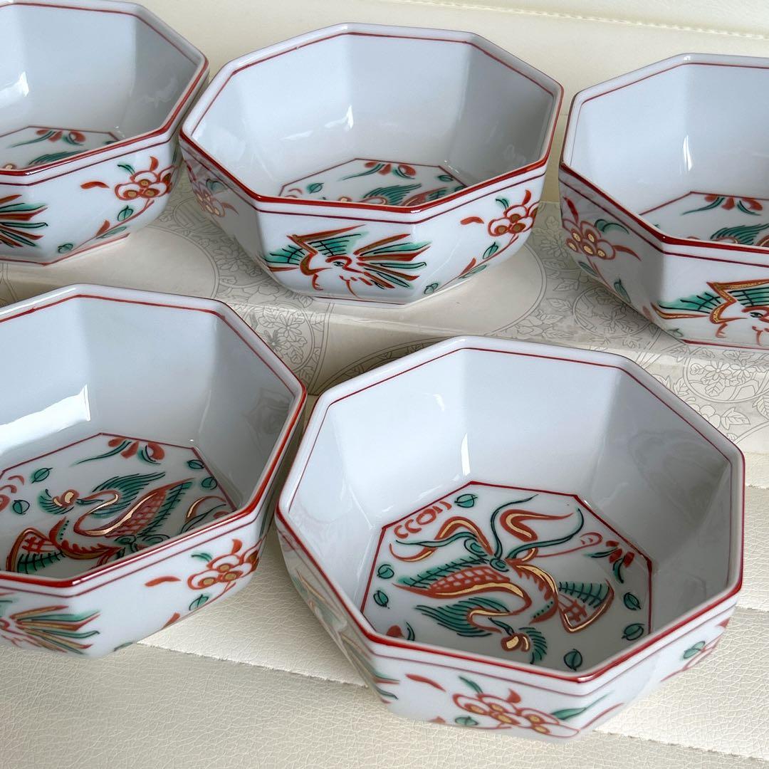 たち吉 赤絵花鳥 金彩 八角小鉢揃え 5枚セット 鳳凰 八角鉢 煮物鉢 和