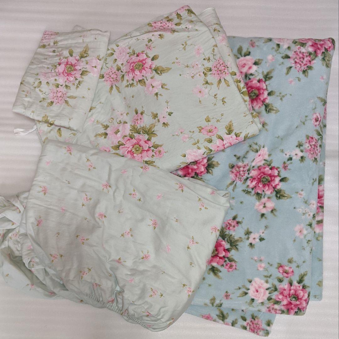 2組 ローラアシュレイ シングル ベッドカバー ボックスシーツ 枕カバー 毛布 ローラアシュレイ リバーシブル布団カバー枕カバーセット ダブル