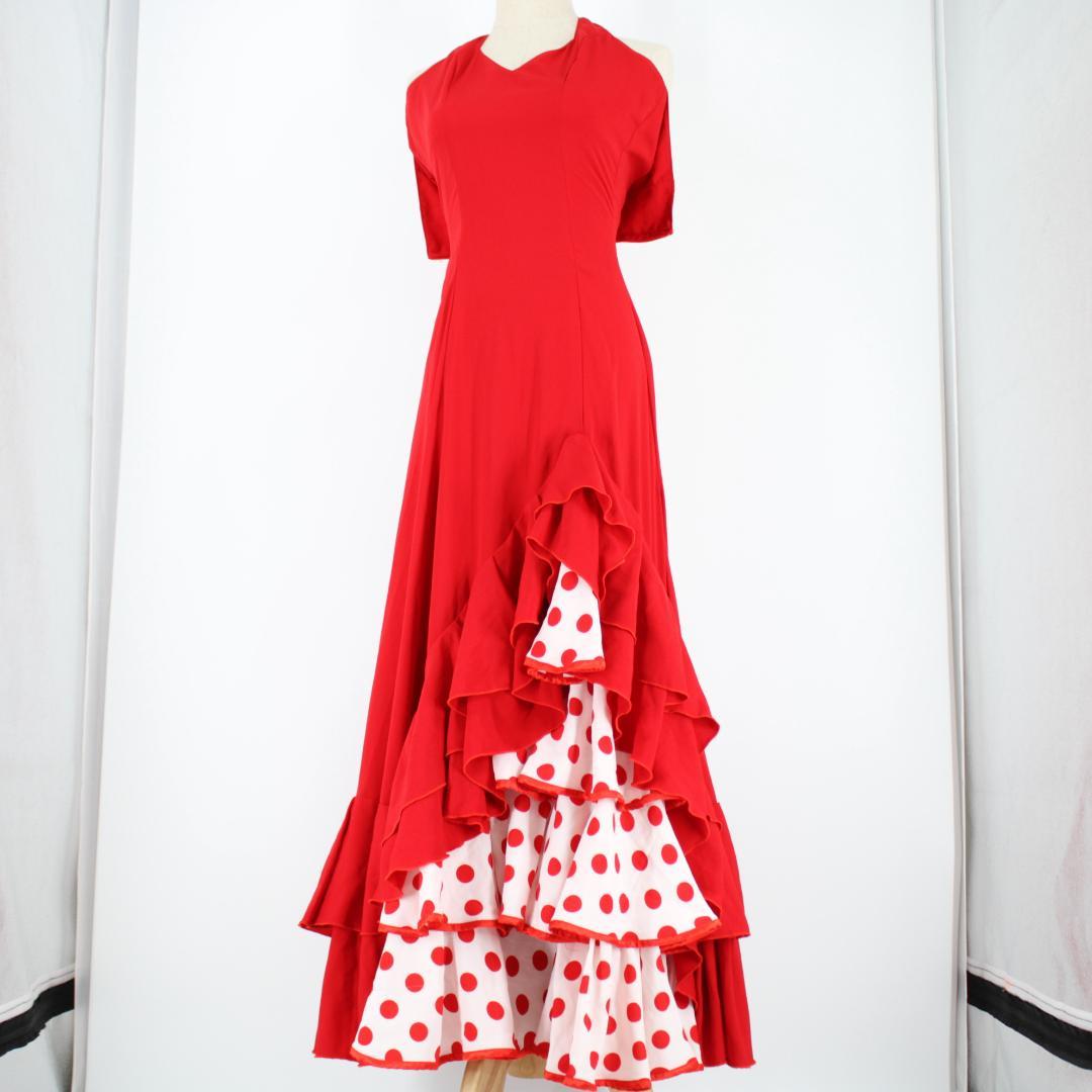 美品 フラメンコ衣装】レッド×豪華ボランテ ワンピース ドレス 水玉