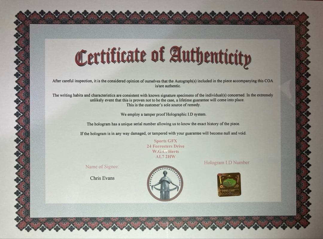 キャプテン・アメリカ クリス・エヴァンス 直筆サイン入り写真 保証書