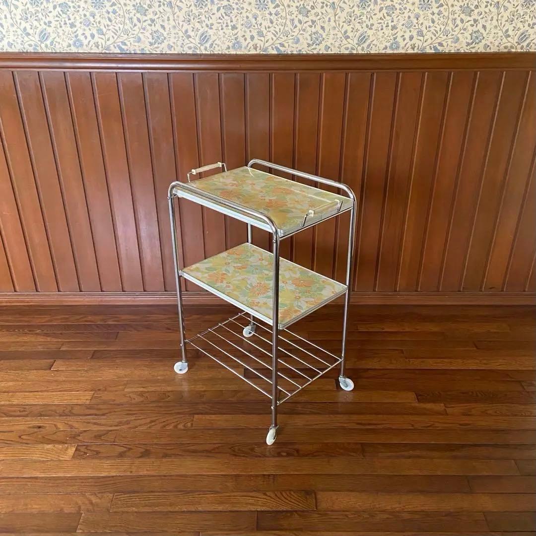 昭和レトロ キッチンワゴン 花柄 3段 当時物 レトロポップ トレー
