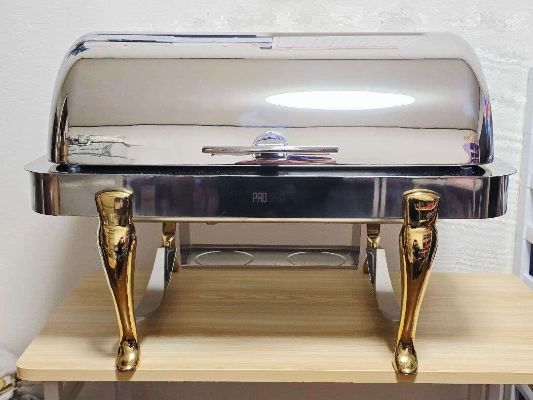 ステンレス製チェーフィングディッシュ 2槽ビュッフェ用保温器 ゴールド脚 業務用 保温器 湯煎 ウォーマー フタ付き 湯煎式 ステンレス製 チェーフィング