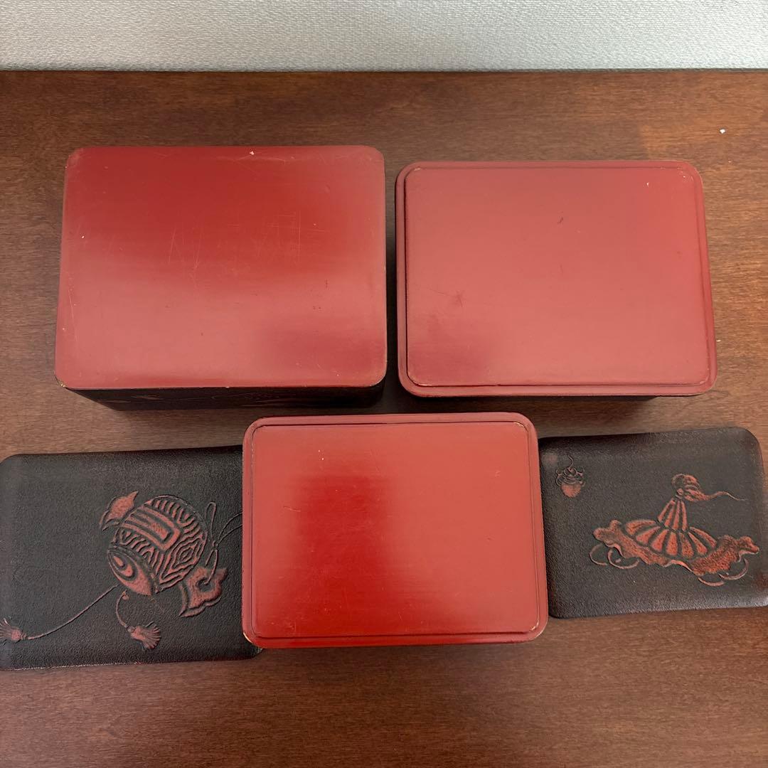 昭和レトロ 漆器 三段重 重箱 角重 民芸文様 蓋なしあり 宝箱 シール